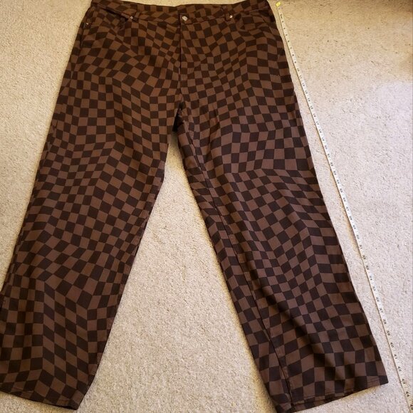 H&M Brown Checkered Denim Slit Hem Jean Straight Leg Pants Size XXL EUC - Picture 8 of 9